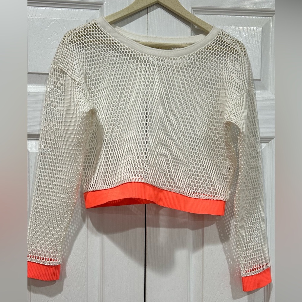 Nicki Minaj white  mesh net crop top long sleeve with orange neon trim size s